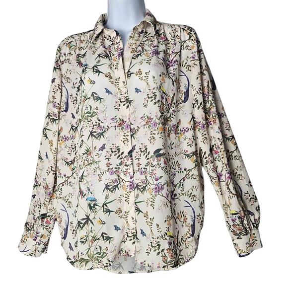 Bird Butterfly Floral Button Down Blouse 2 Long Sleeve Cottagecore Garden Top - Picture 1 of 10